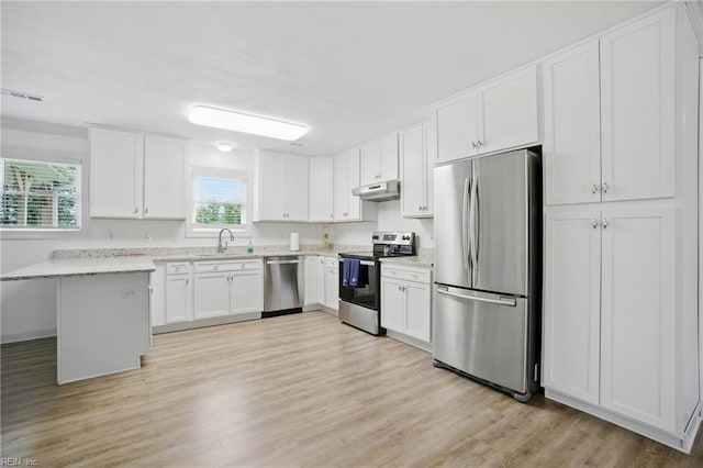 734 Gallbush Rd, Chesapeake, VA 23322 - kitchen with stainless steel appliances, under cabinet range hood, light wood-style floors, and white cabinets