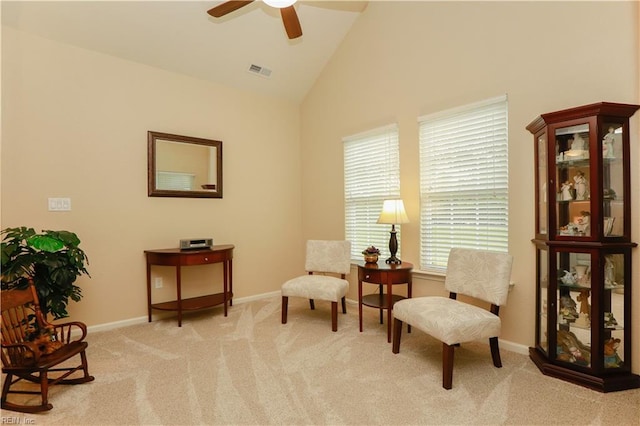 911 Vineyard Pl Unit # C, Suffolk, VA 23435 - sitting room featuring a ceiling fan, carpet floors, and high vaulted ceiling