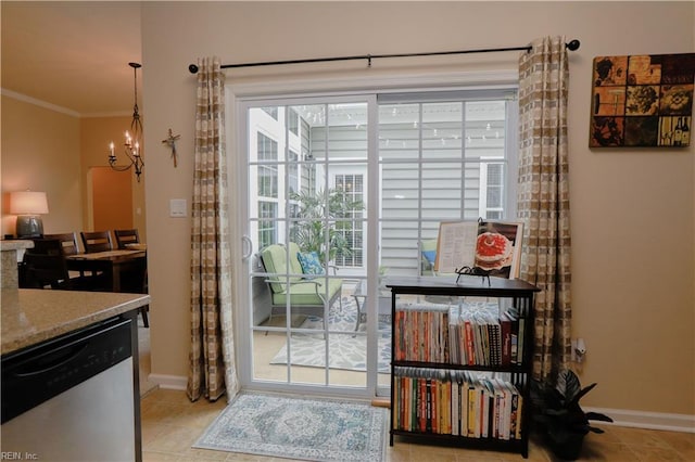 911 Vineyard Pl Unit # C, Suffolk, VA 23435 - doorway featuring ornamental molding, light tile patterned floors, and a chandelier