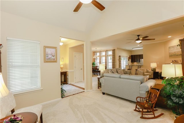 911 Vineyard Pl Unit # C, Suffolk, VA 23435 - carpeted living area with a ceiling fan and vaulted ceiling