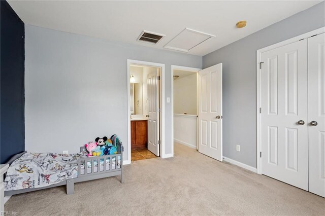 3116 Weathers Blvd, Toano, VA 23168 - bedroom with light carpet, attic access, a closet, and ensuite bathroom