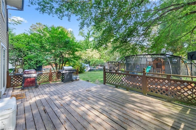102 Dogwood Dr, Williamsburg, VA 23185 - wooden deck with a trampoline, grilling area, a playground, and a fenced backyard