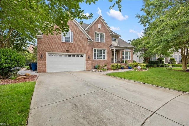 2224 Cabot Ct, Virginia Beach, VA 23456 - traditional home with brick siding, an attached garage, concrete driveway, and a front lawn