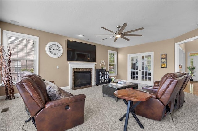 2224 Cabot Ct, Virginia Beach, VA 23456 - living room featuring ceiling fan, a premium fireplace, french doors, and carpet flooring