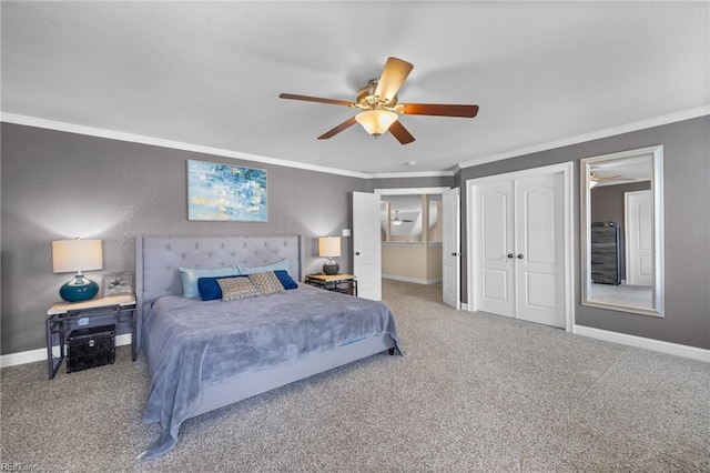 2224 Cabot Ct, Virginia Beach, VA 23456 - bedroom with carpet flooring, crown molding, a closet, and ceiling fan