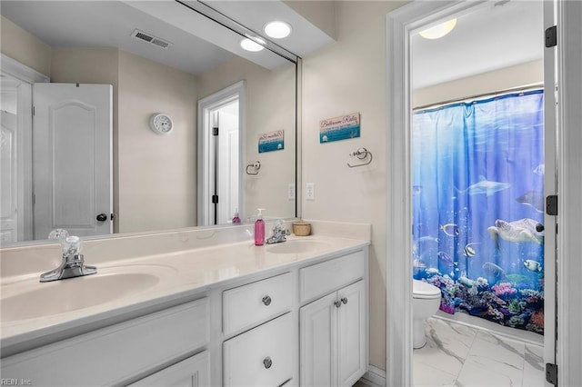 2224 Cabot Ct, Virginia Beach, VA 23456 - full bathroom featuring double vanity, marble finish floors, and curtained shower