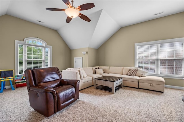 2224 Cabot Ct, Virginia Beach, VA 23456 - living area with carpet, vaulted ceiling, and a ceiling fan