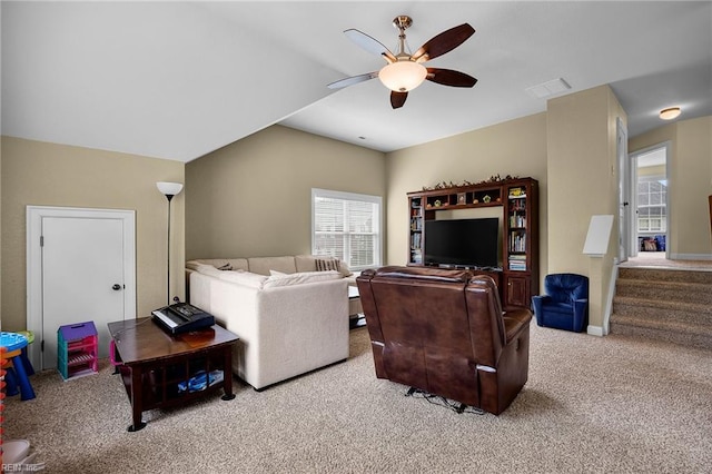 2224 Cabot Ct, Virginia Beach, VA 23456 - living area featuring light colored carpet, ceiling fan, and stairs