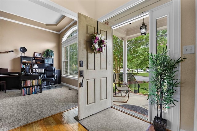 2224 Cabot Ct, Virginia Beach, VA 23456 - doorway to outside featuring ornamental molding, an office area, and wood finished floors