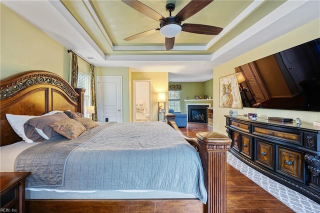 2060 Queens Point Dr, Suffolk, VA 23434 - bedroom with multiple windows, wood finished floors, a tray ceiling, and a fireplace