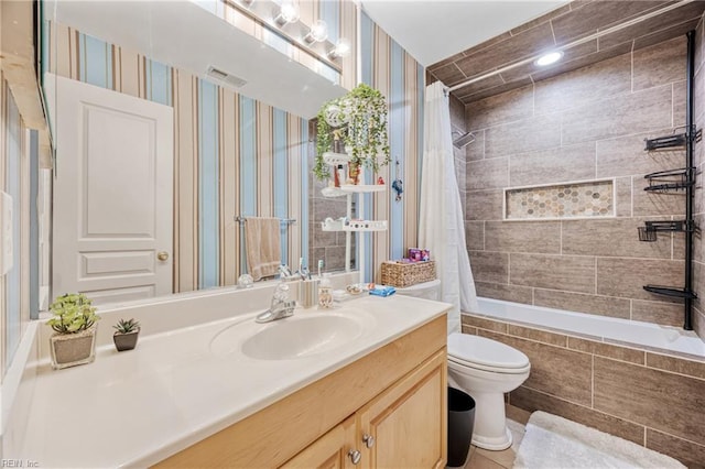 2060 Queens Point Dr, Suffolk, VA 23434 - bathroom featuring vanity, tiled shower / bath, wallpapered walls, and tile patterned flooring