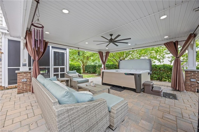 2060 Queens Point Dr, Suffolk, VA 23434 - view of patio / terrace featuring a ceiling fan, a hot tub, outdoor lounge area, and a sunroom