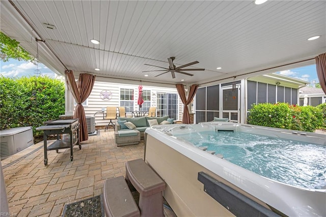 2060 Queens Point Dr, Suffolk, VA 23434 - view of patio with a ceiling fan, a hot tub, a sunroom, and outdoor lounge area