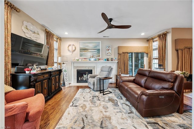 2060 Queens Point Dr, Suffolk, VA 23434 - living area featuring a ceiling fan, wood finished floors, healthy amount of natural light, a glass covered fireplace, and recessed lighting