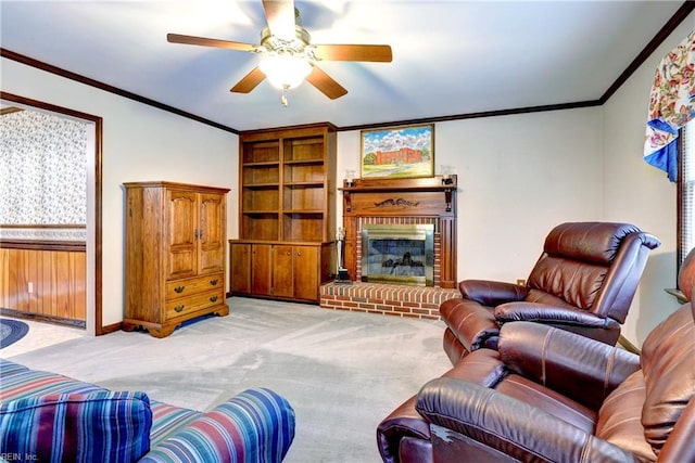 5 Yulee Ct, Hampton, VA 23669 - living area with light carpet, crown molding, a brick fireplace, and ceiling fan