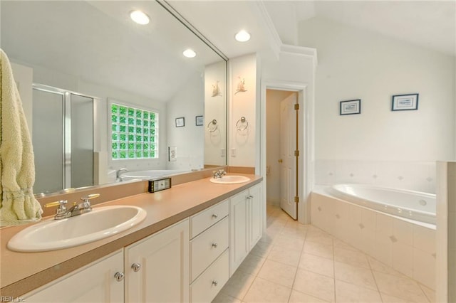 1904 Sandee Cres, Virginia Beach, VA 23454 - full bath with vaulted ceiling, a bath, double vanity, tile patterned flooring, and a stall shower