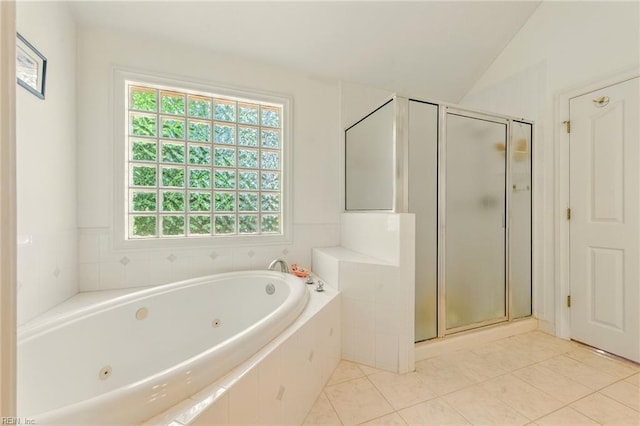 1904 Sandee Cres, Virginia Beach, VA 23454 - bathroom featuring a tub with jets, a stall shower, tile patterned flooring, and vaulted ceiling