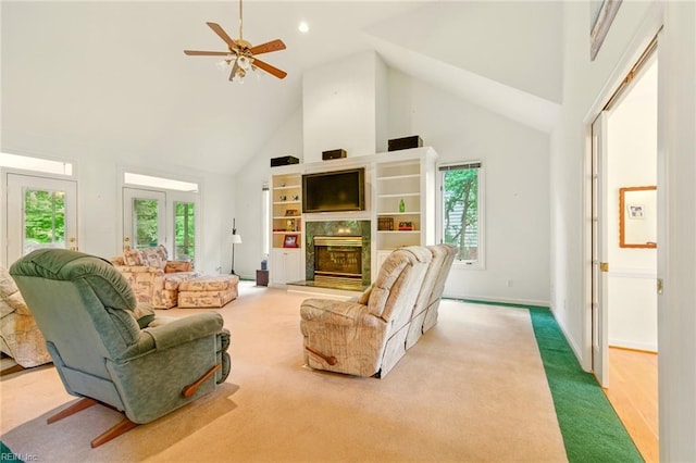1904 Sandee Cres, Virginia Beach, VA 23454 - living area featuring high vaulted ceiling, a premium fireplace, carpet flooring, a ceiling fan, and recessed lighting