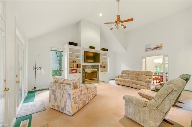 1904 Sandee Cres, Virginia Beach, VA 23454 - living area with high vaulted ceiling, carpet floors, a ceiling fan, a high end fireplace, and recessed lighting