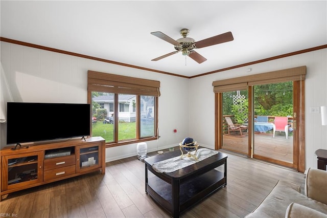 701 Milton Dr, Hampton, VA 23666 - living room with a ceiling fan, crown molding, and wood finished floors