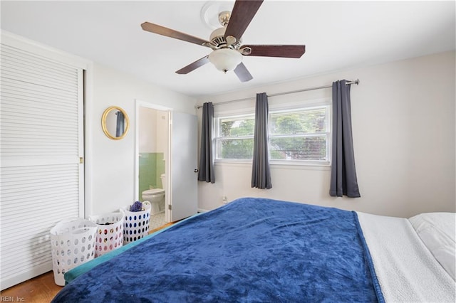 701 Milton Dr, Hampton, VA 23666 - bedroom with a ceiling fan, wood finished floors, and ensuite bath