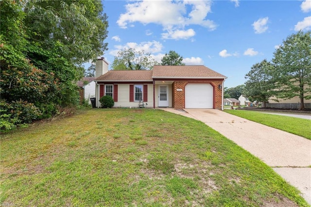 1801 Cougar Ct, Virginia Beach, VA 23456 - ranch-style house featuring an attached garage, concrete driveway, a chimney, a front yard, and brick siding