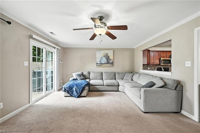 742 Milby Dr, Chesapeake, VA 23325 - living area featuring a ceiling fan, light colored carpet, and ornamental molding