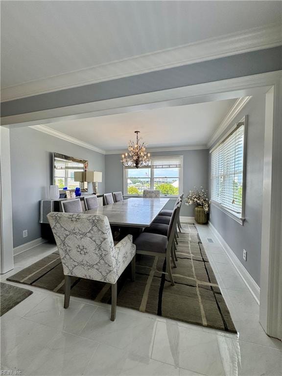 508 Virginia Dare Dr, Virginia Beach, VA 23451 - dining area featuring ornamental molding, a chandelier, and plenty of natural light