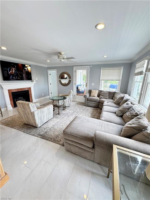 508 Virginia Dare Dr, Virginia Beach, VA 23451 - living area featuring recessed lighting, crown molding, a fireplace, a ceiling fan, and marble finish flooring