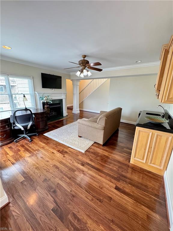 508 Virginia Dare Dr, Virginia Beach, VA 23451 - living room with ceiling fan, crown molding, dark wood finished floors, a fireplace with flush hearth, and recessed lighting