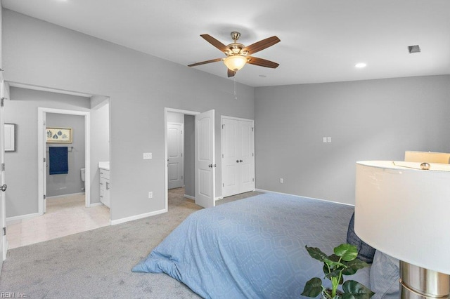 31 Bank St, Windsor, VA 23487 - bedroom with light colored carpet, recessed lighting, ensuite bathroom, and ceiling fan