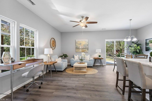 31 Bank St, Windsor, VA 23487 - home office featuring plenty of natural light, a chandelier, dark wood-type flooring, and ceiling fan