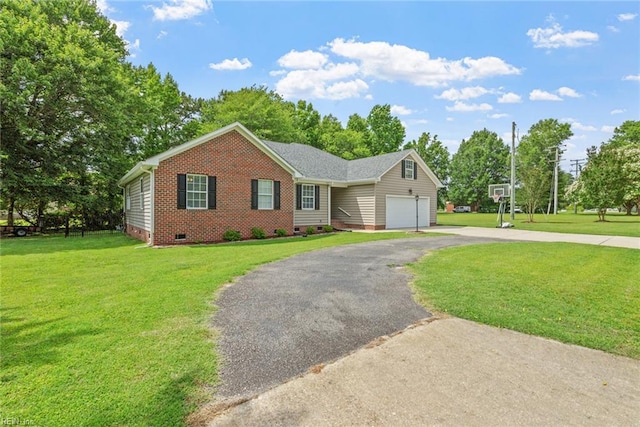 15110 Ashby Way, Carrollton, VA 23314 - ranch-style home with crawl space, a front lawn, driveway, and a garage