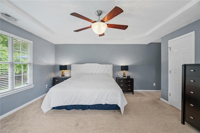 15110 Ashby Way, Carrollton, VA 23314 - bedroom with a raised ceiling, light colored carpet, and a ceiling fan