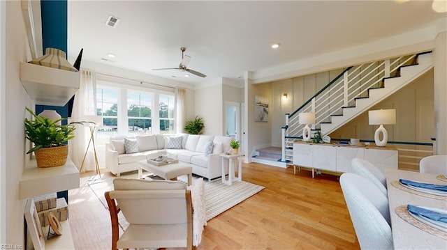 903 Jennings Ln, Chesapeake, VA 23322 - living area with stairs, ceiling fan, light wood finished floors, recessed lighting, and crown molding