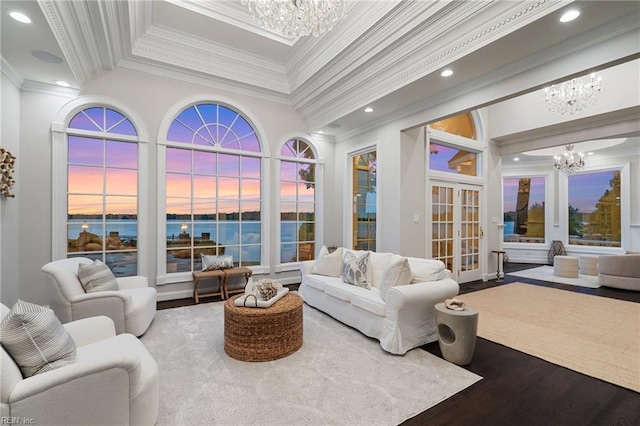 1845 N Alanton Dr, Virginia Beach, VA 23454 - living room with a chandelier, crown molding, a water view, recessed lighting, and wood finished floors