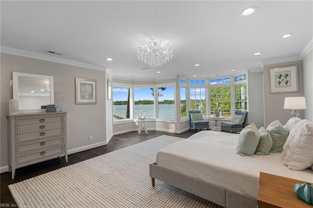 1845 N Alanton Dr, Virginia Beach, VA 23454 - bedroom with multiple windows, crown molding, recessed lighting, a chandelier, and dark wood finished floors