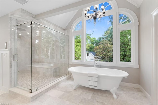 1845 N Alanton Dr, Virginia Beach, VA 23454 - full bathroom with vaulted ceiling, a freestanding tub, a stall shower, and a chandelier