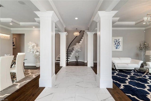 2716 Nestlebrook Trl, Virginia Beach, VA 23456 - foyer featuring ornate columns, stairs, recessed lighting, ornamental molding, and marble look tile flooring