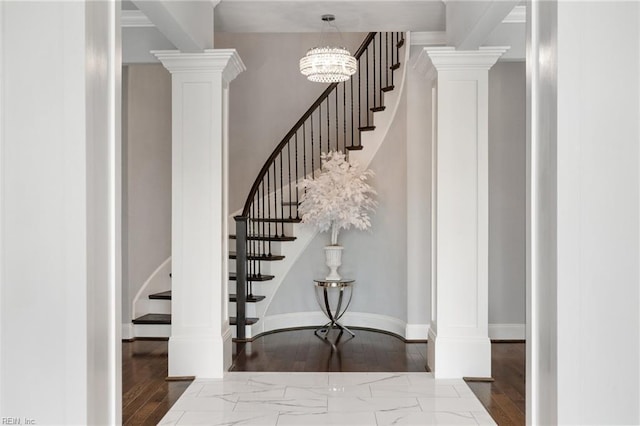 2716 Nestlebrook Trl, Virginia Beach, VA 23456 - foyer entrance featuring stairs, decorative columns, and wood finished floors