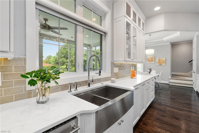 2716 Nestlebrook Trl, Virginia Beach, VA 23456 - kitchen featuring tasteful backsplash, white cabinets, ceiling fan, dark wood-type flooring, and glass insert cabinets
