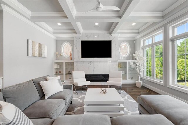 2716 Nestlebrook Trl, Virginia Beach, VA 23456 - living room featuring ornamental molding, coffered ceiling, wood finished floors, beam ceiling, and recessed lighting