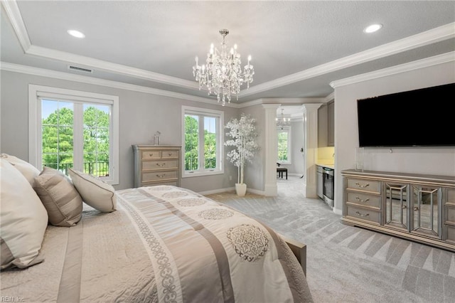 2716 Nestlebrook Trl, Virginia Beach, VA 23456 - bedroom with a chandelier, light colored carpet, a raised ceiling, crown molding, and recessed lighting