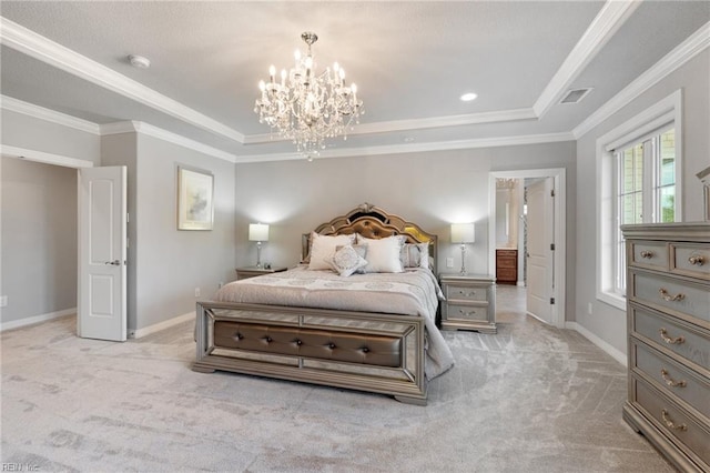 2716 Nestlebrook Trl, Virginia Beach, VA 23456 - carpeted bedroom with a raised ceiling, a chandelier, crown molding, and recessed lighting