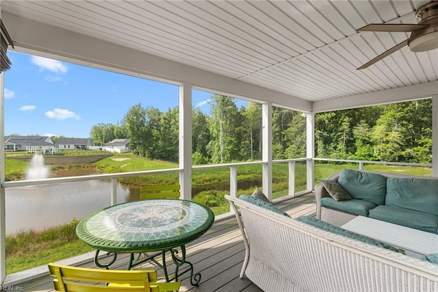 6957 Healy Ave, Gloucester, VA 23061 - sunroom / solarium with a ceiling fan, a water view, and an outdoor hangout area