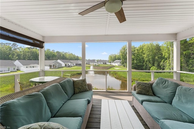 6957 Healy Ave, Gloucester, VA 23061 - sunroom featuring outdoor lounge area, a water view, ceiling fan, and a residential view