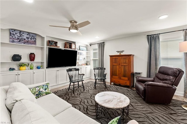 6957 Healy Ave, Gloucester, VA 23061 - living room featuring a ceiling fan, recessed lighting, and light wood-style floors