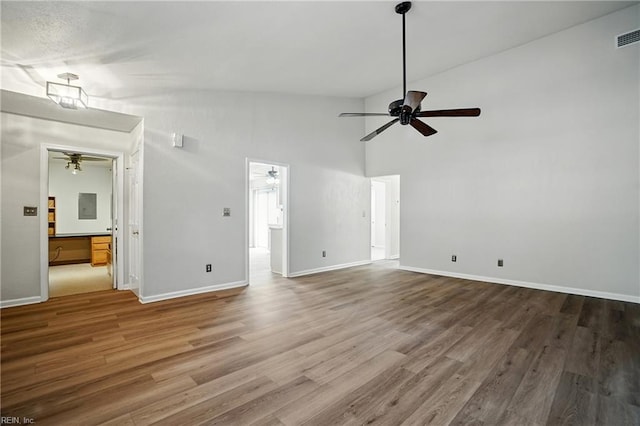 2116 Bloomsbury Ln, Virginia Beach, VA 23454 - unfurnished living room featuring ceiling fan, wood finished floors, and high vaulted ceiling