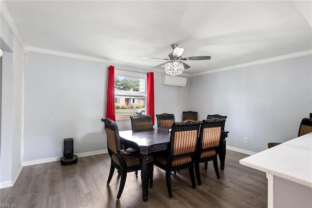 7600 Bridgette Ln, Norfolk, VA 23518 - dining space with a wall mounted air conditioner, wood finished floors, a ceiling fan, and ornamental molding