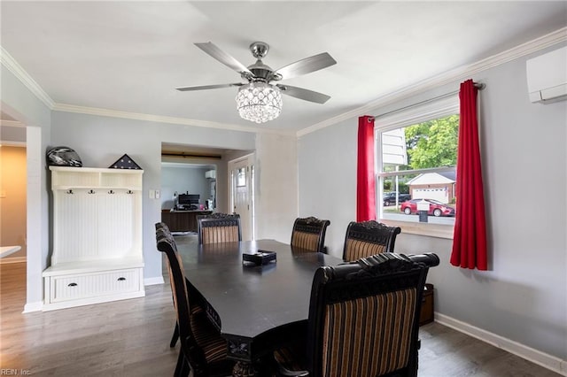 7600 Bridgette Ln, Norfolk, VA 23518 - dining room featuring wood finished floors, a wall mounted AC, ornamental molding, and a ceiling fan